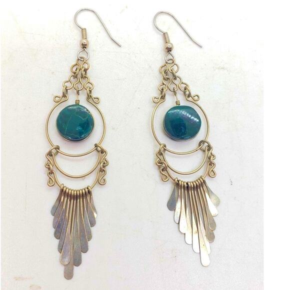 Boho Dangle Earrings Silver Tone Green Malachite Gem Chandelier Long 4.5 Inch - Picture 1 of 5